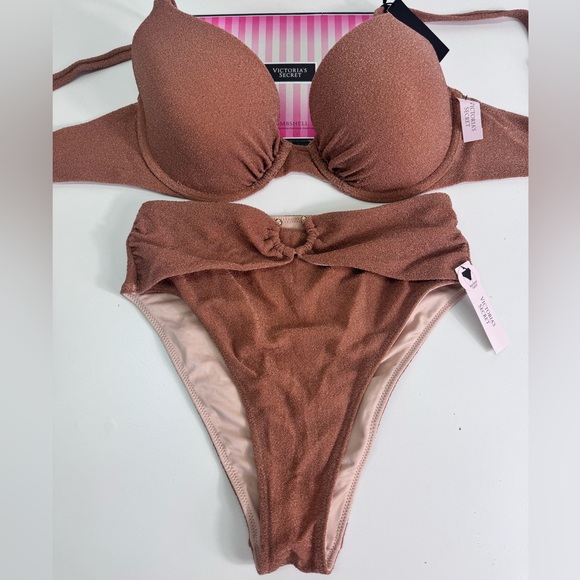 Victoria's Secret Shimmering Tan Bikini Set Sz 36D // Small high waist cheekyNWT